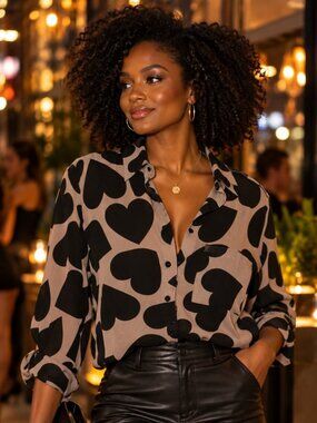 On 34th Sheer Beige w Black Hearts Button Up Blouse - XL - BRAND NEW